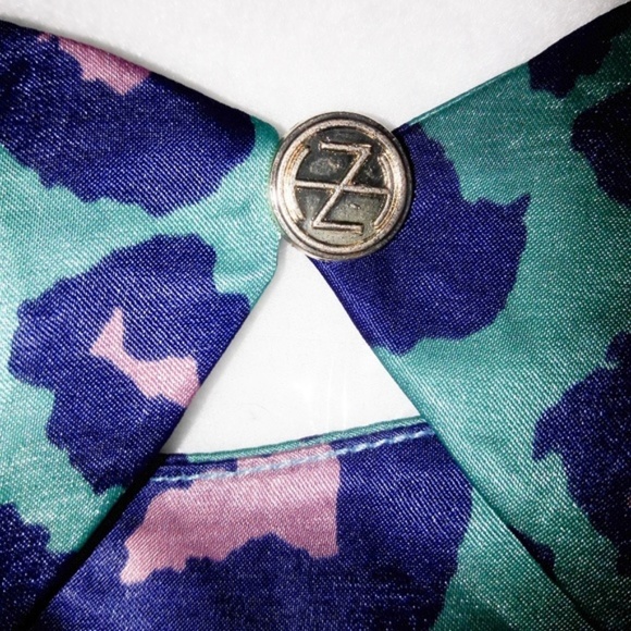 Satin Purple Teal Animal Print Long Sleeve Blouse - Picture 5 of 6